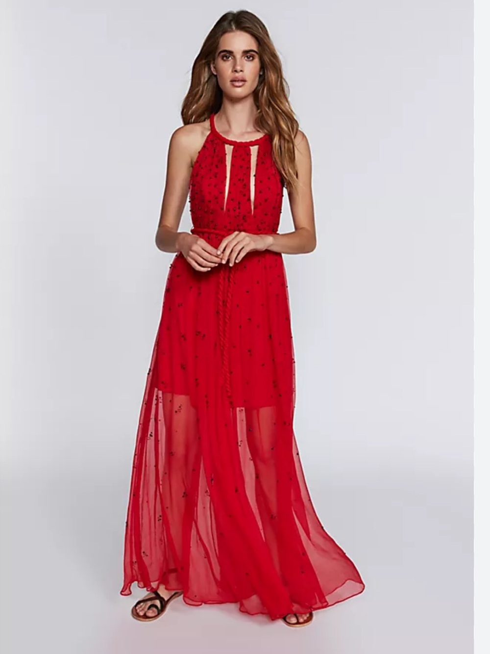 Free People Red Halter Maxi Dress with Sheer Overlay